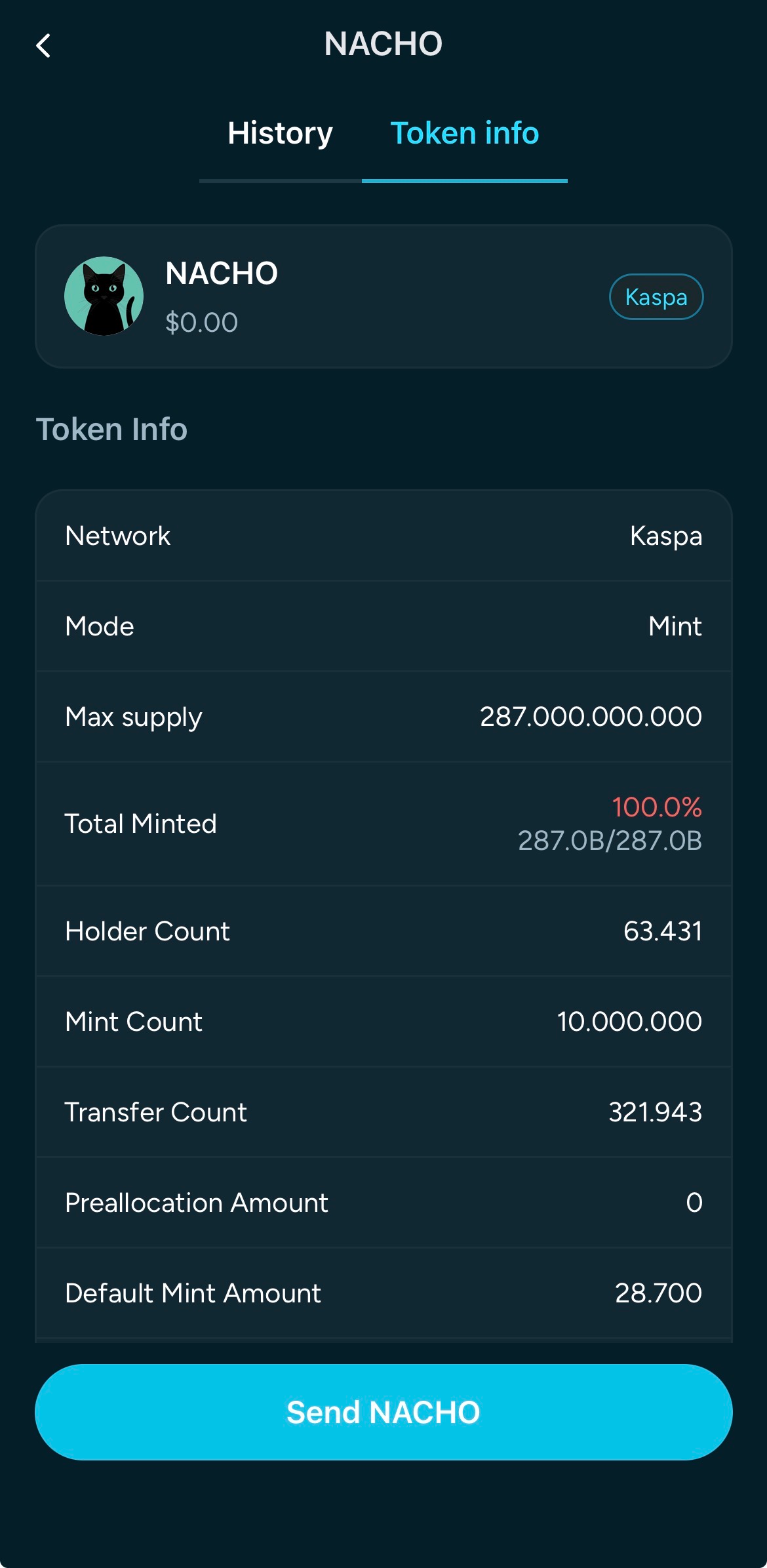 The KRC20 token info shows mode, total supply, holders, and transfer count. The user reviews token metadata.