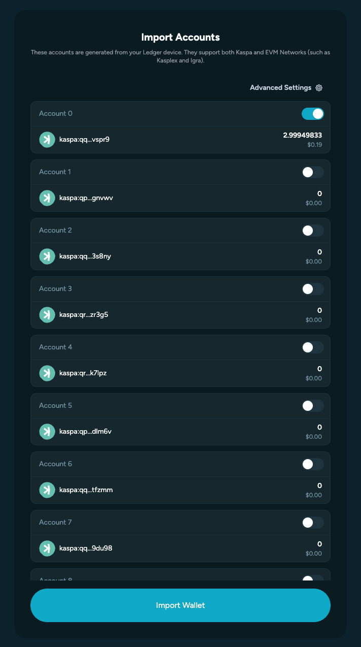 The Ledger account selection list shows accounts with toggles and an Import Wallet button. The user chooses accounts to add.