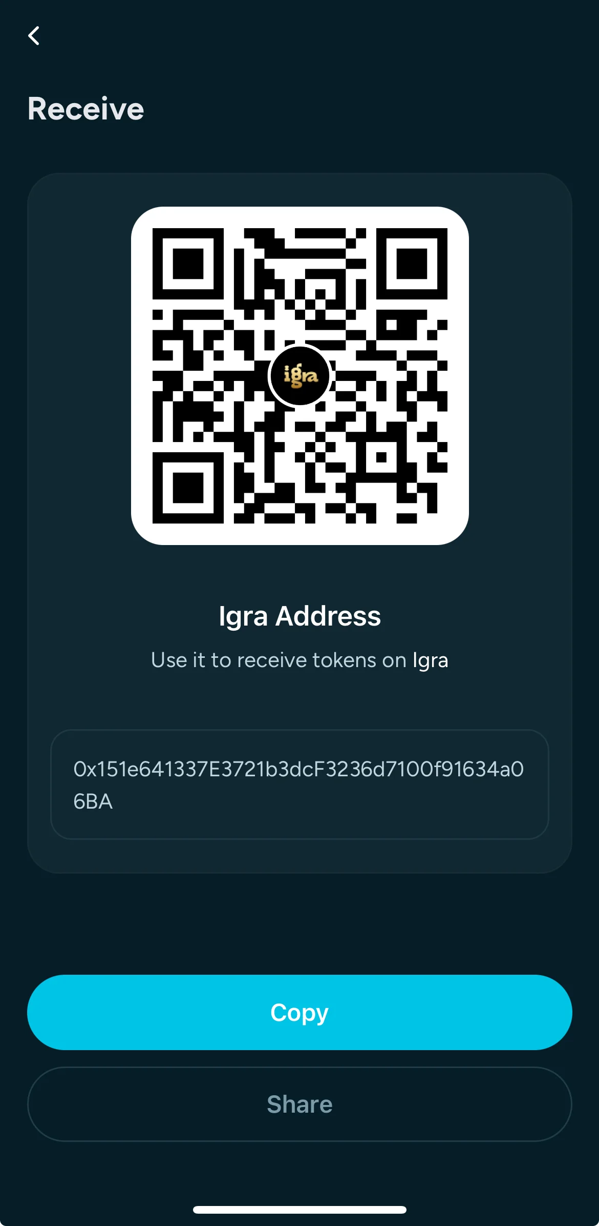 The receive screen shows a QR code and full wallet address with Copy and Share actions. The user shares the receive address.