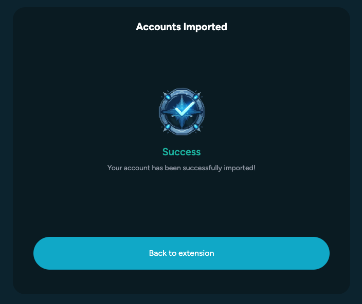 The Ledger import success screen confirms hardware accounts were added. The user can go back to the extension.