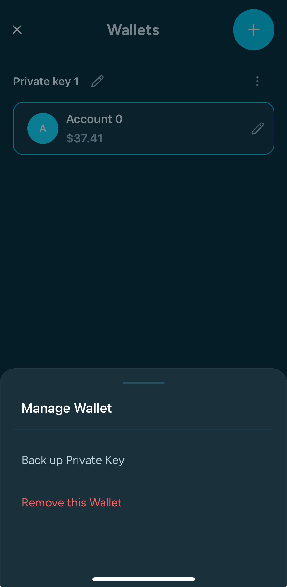 The account options show Backup private key. The user exports the private key securely.