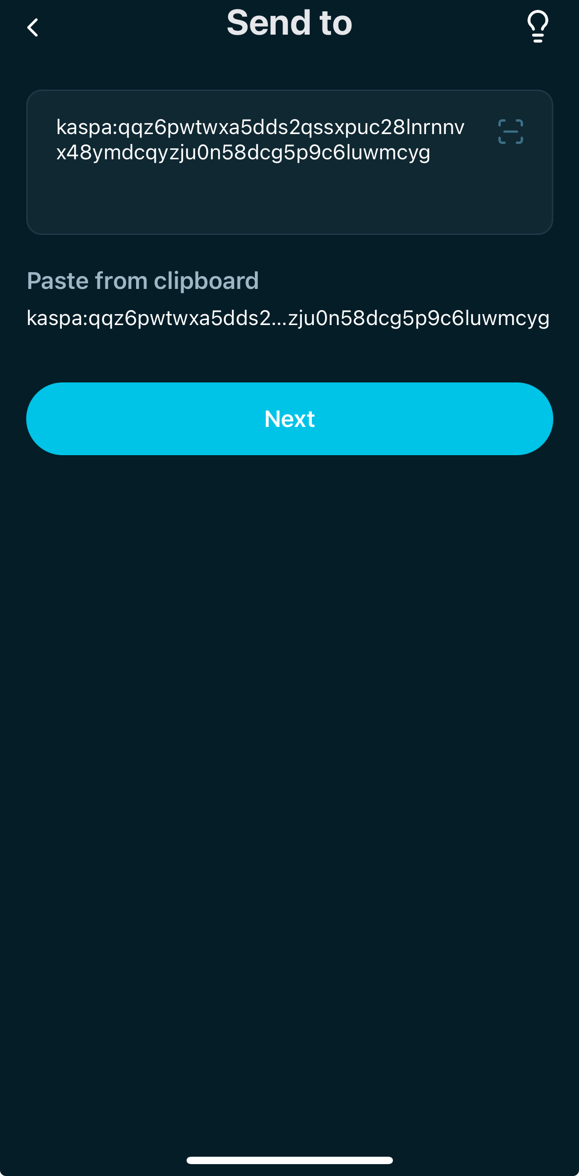 The recipient address is filled and Next is highlighted. The user confirms the destination address.