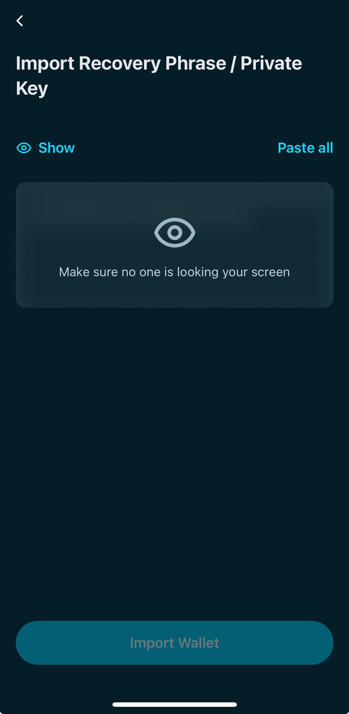 The recovery screen shows an input for a recovery phrase or a private key with a Continue action. The user enters credentials to proceed.