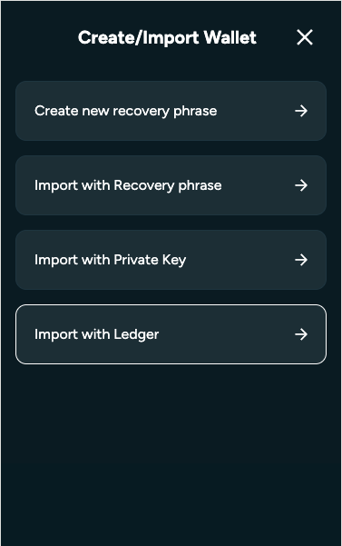 The account import screen highlights Import with Ledger. The user can start connecting a Ledger device.