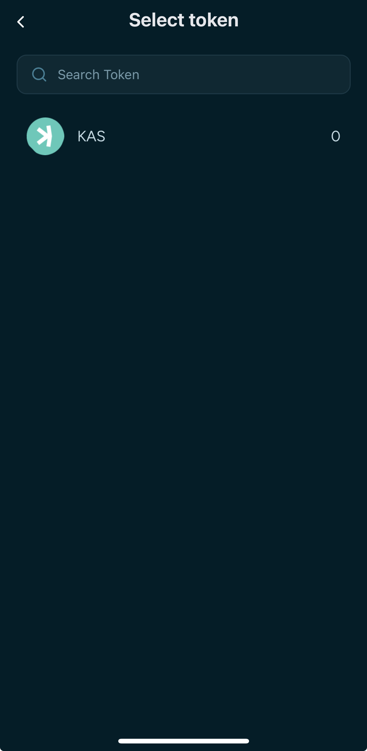 The send flow shows a token list with KAS highlighted and fee information at the bottom. The user selects a token to send.