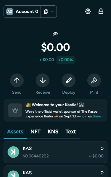 The Advanced Features view shows Deploy and Mint KRC20 options. The user chooses a task to begin.