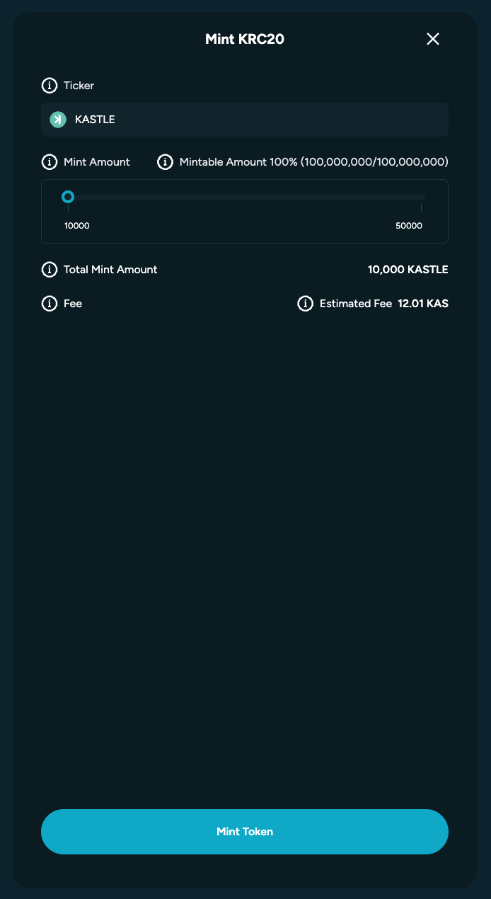The mint interface lets the user select a KRC20 ticker and quantity to mint. The user sets an amount and starts minting.