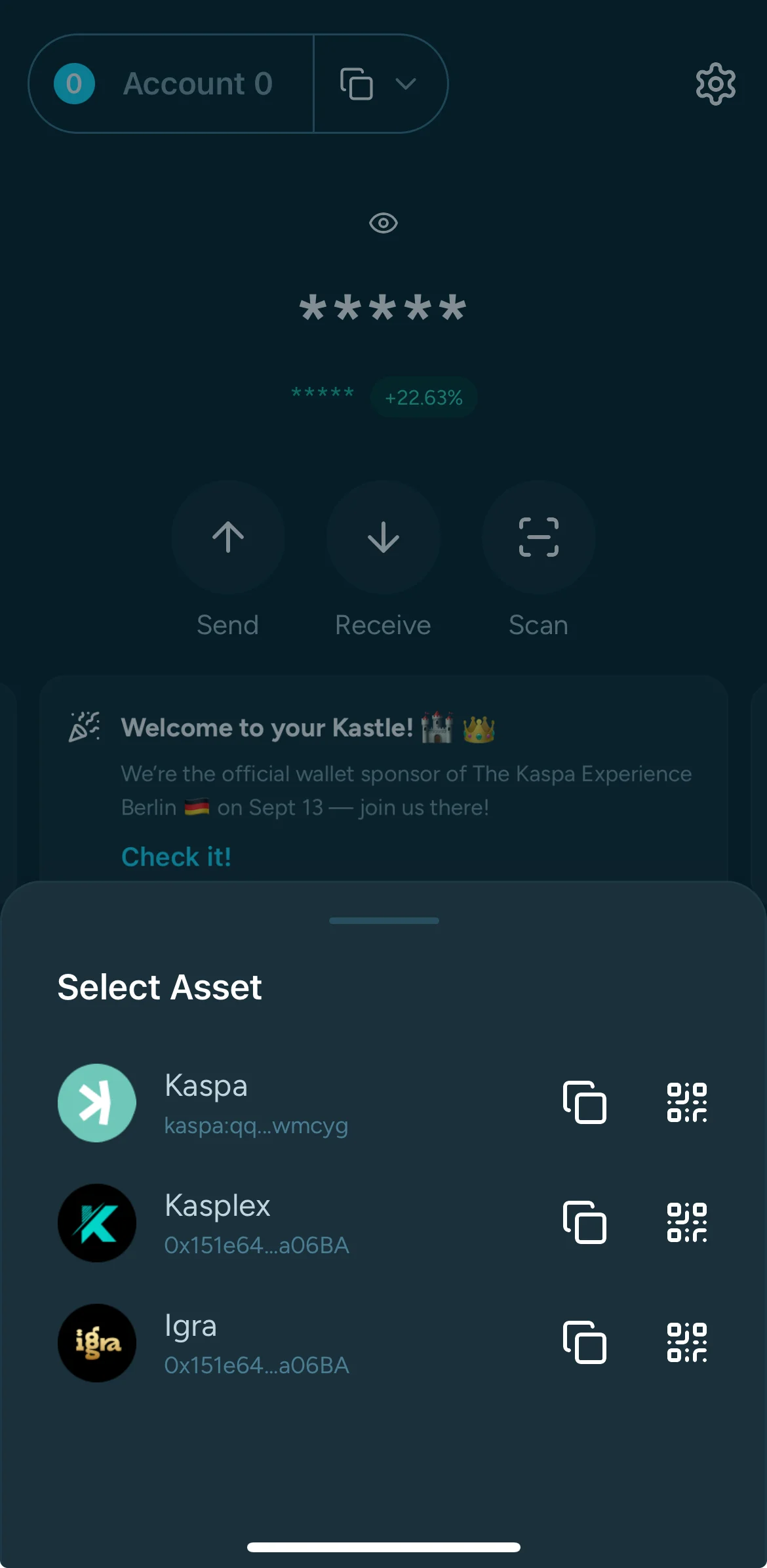 The receive flow network selector lists Kaspa L1, Kasplex L2, and Igra L2. The user chooses a network to receive.