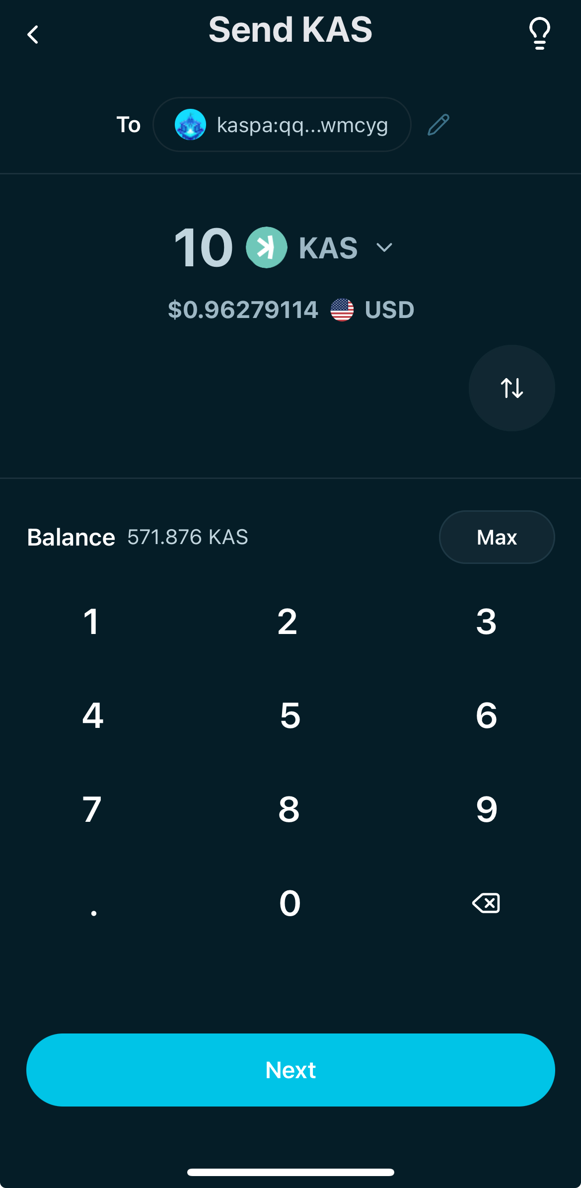 The amount input shows a numeric keypad and the network fee below. The user enters the amount before confirming.
