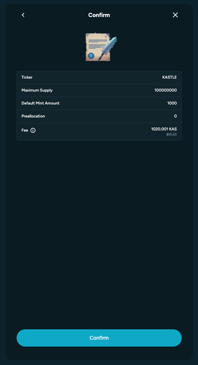 The deployment confirmation screen summarizes the created token for review. The user confirms to finalize deployment.