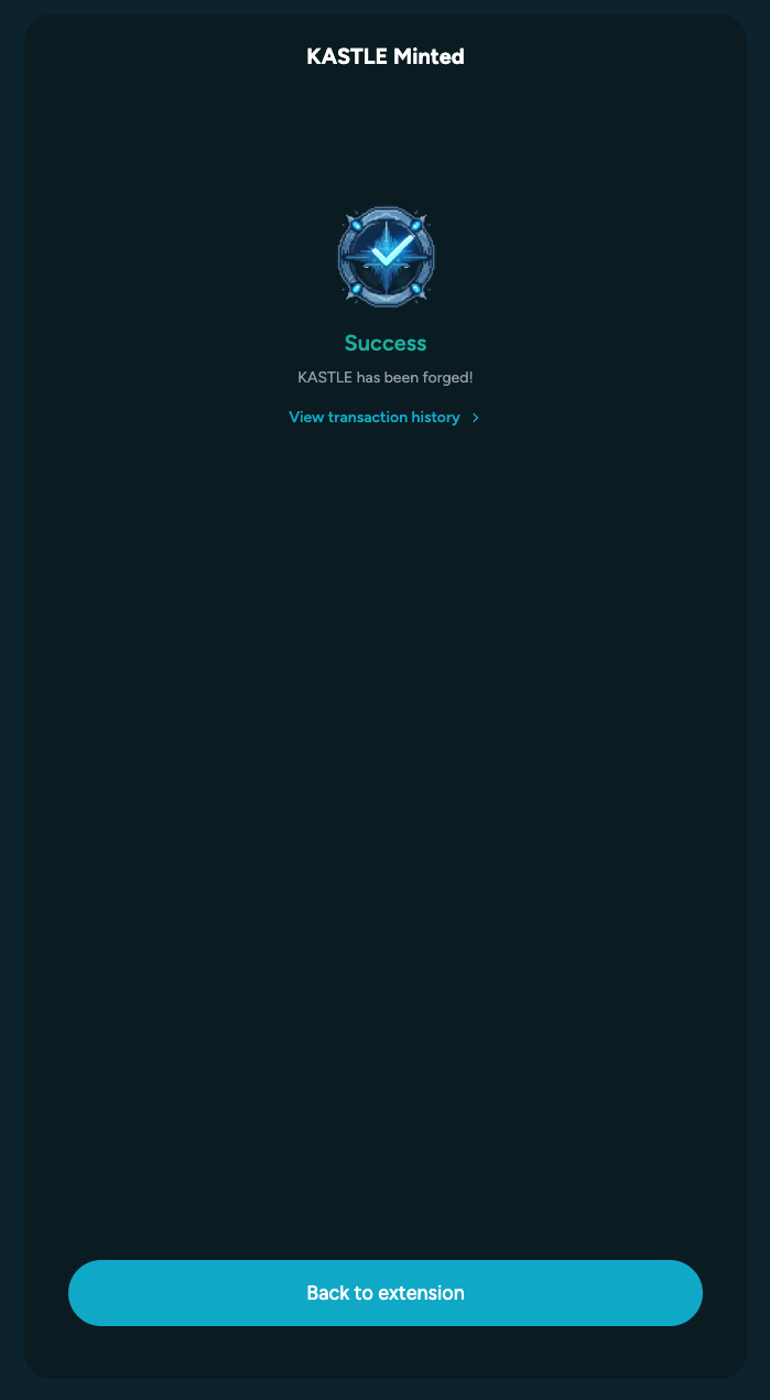 The mint success screen shows the updated token balance in the wallet. The user returns to the portfolio.