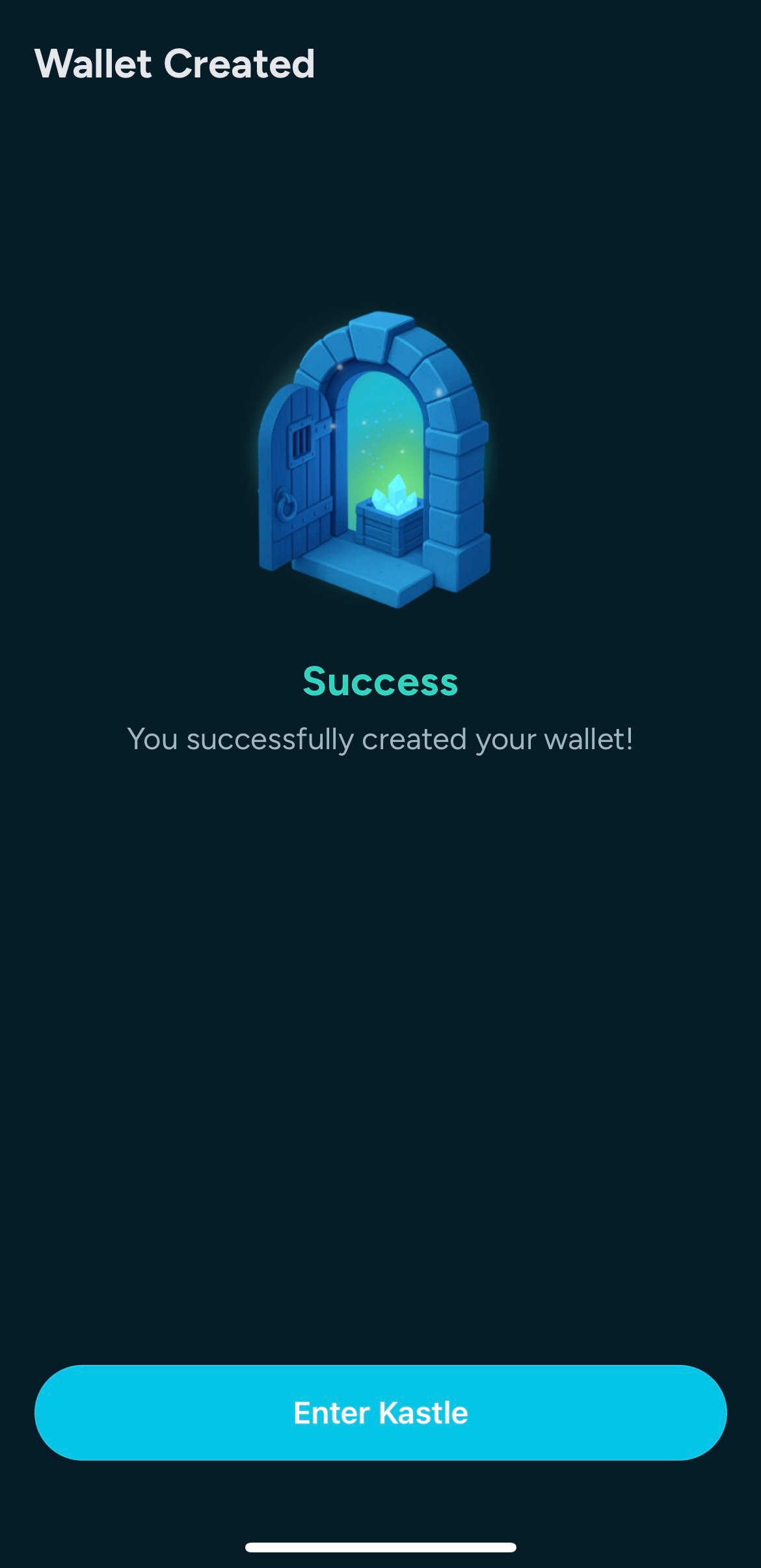 The wallet creation success screen confirms setup is complete. The user can continue to the dashboard.