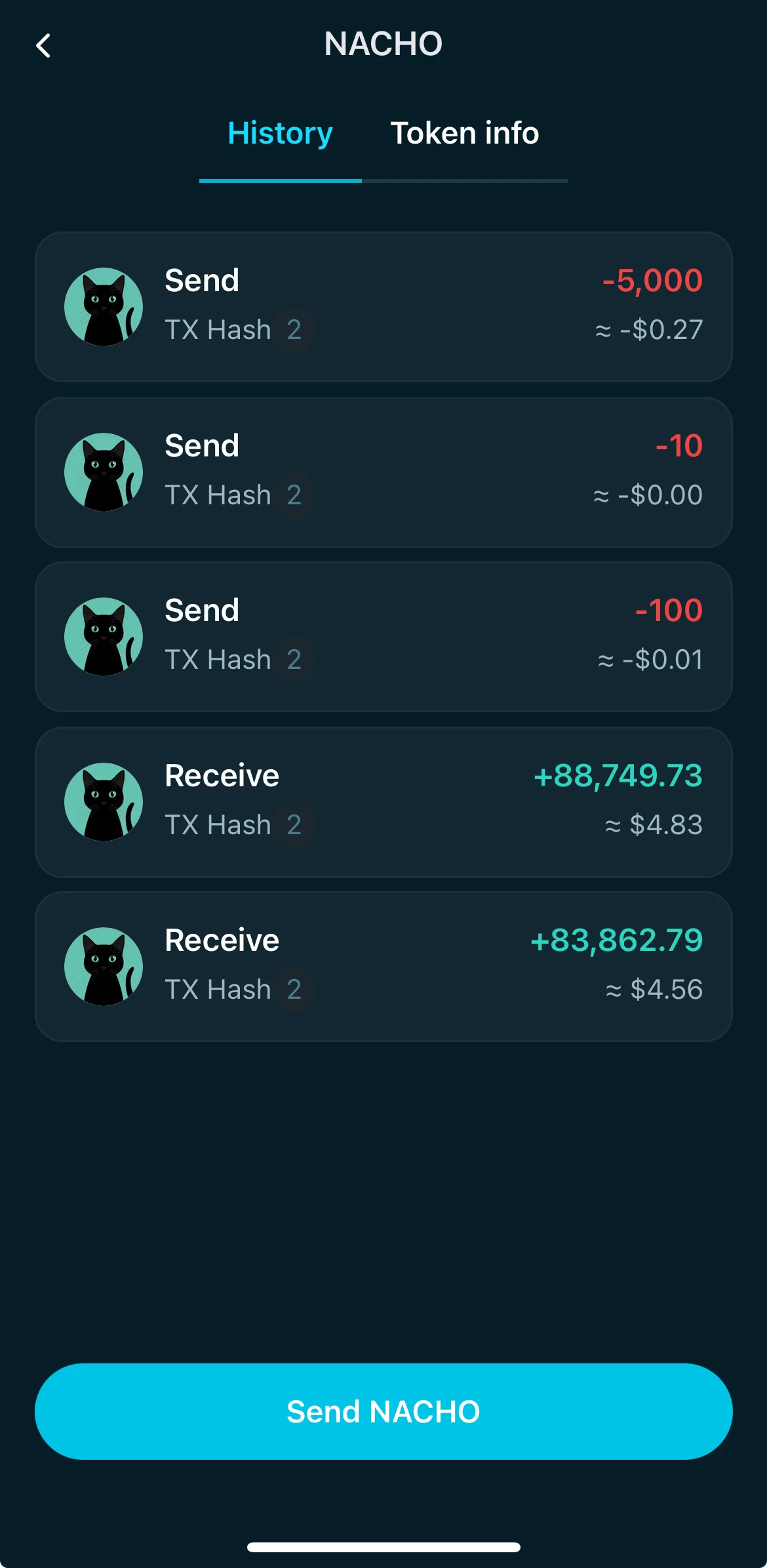 The KRC20 transfer history for token lists (NACHO) recent transfers with timestamps and amounts.