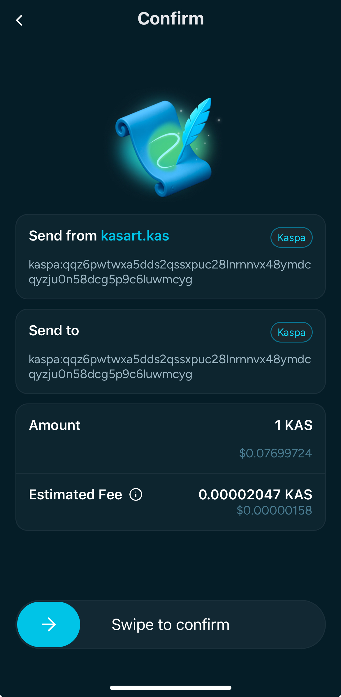 The confirmation screen shows the amount and fee with a swipe-to-confirm control. The user swipes to submit the transaction.
