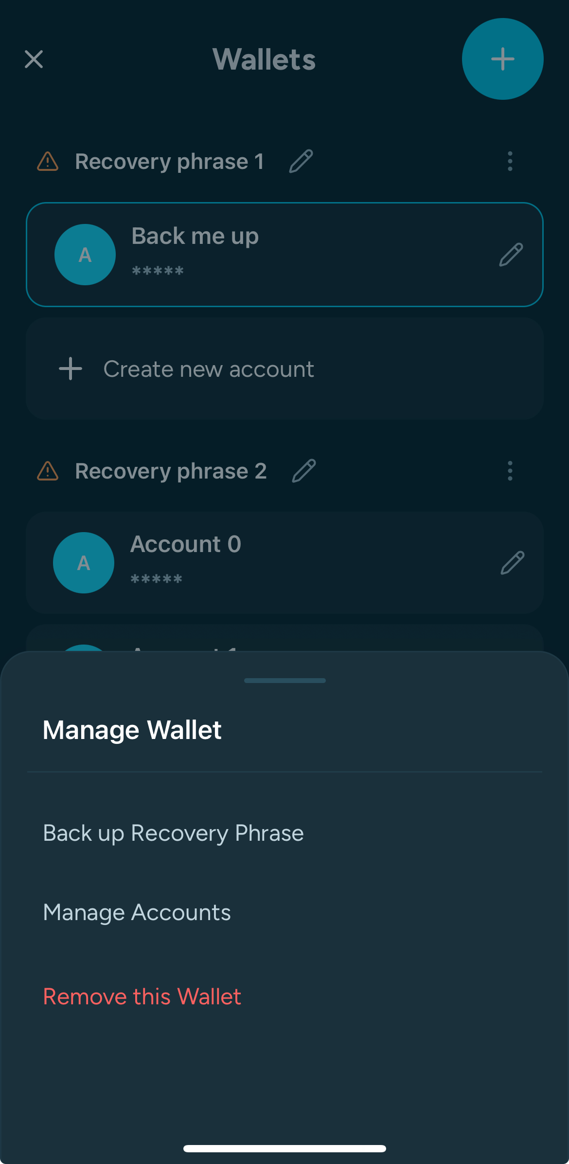 The account options show Backup recovery phrase. The user views and records the seed phrase.