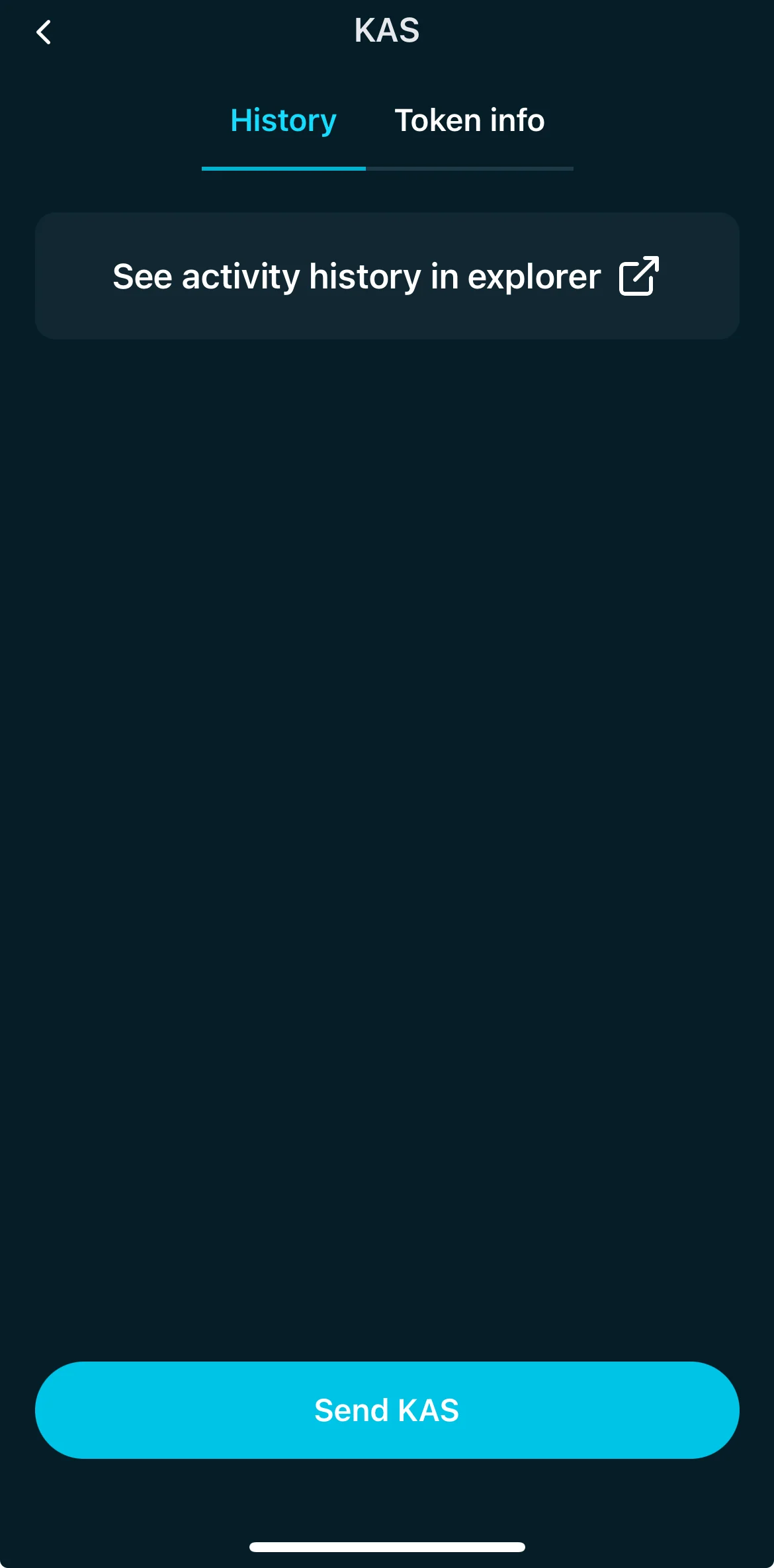 KAS token screen displays a “See activity history in explorer” button and a primary “Send KAS (token)” button at the bottom.