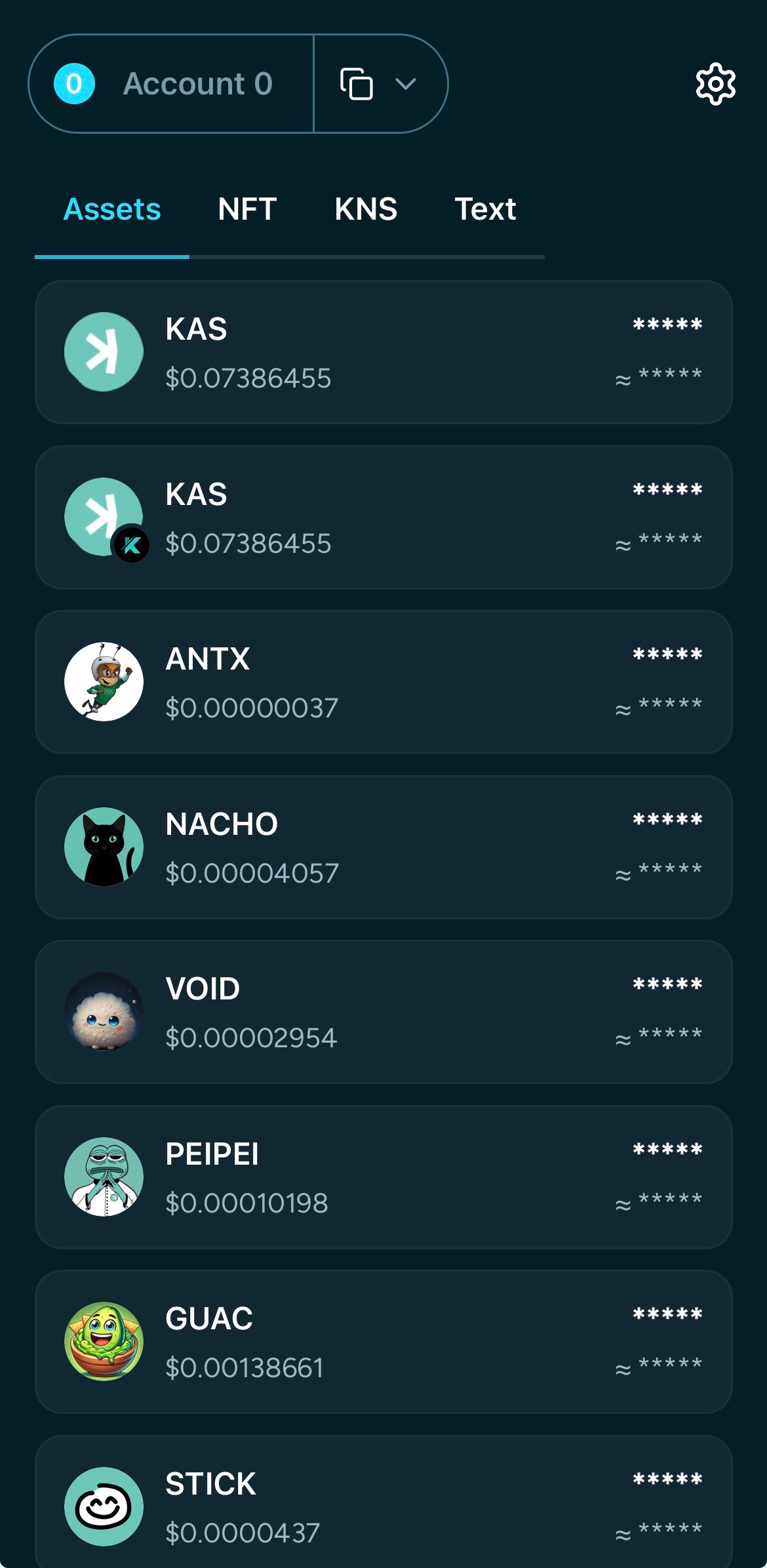 The wallet lists KRC20 tokens with icons, names, and balances. The user can view token holdings.