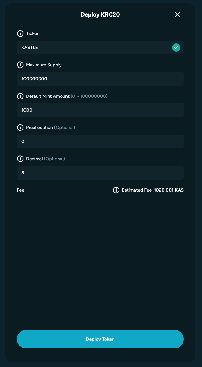 The KRC20 deployment form shows fields for ticker, max supply, default mint amount, pre-allocation, and decimals. The user enters token parameters.