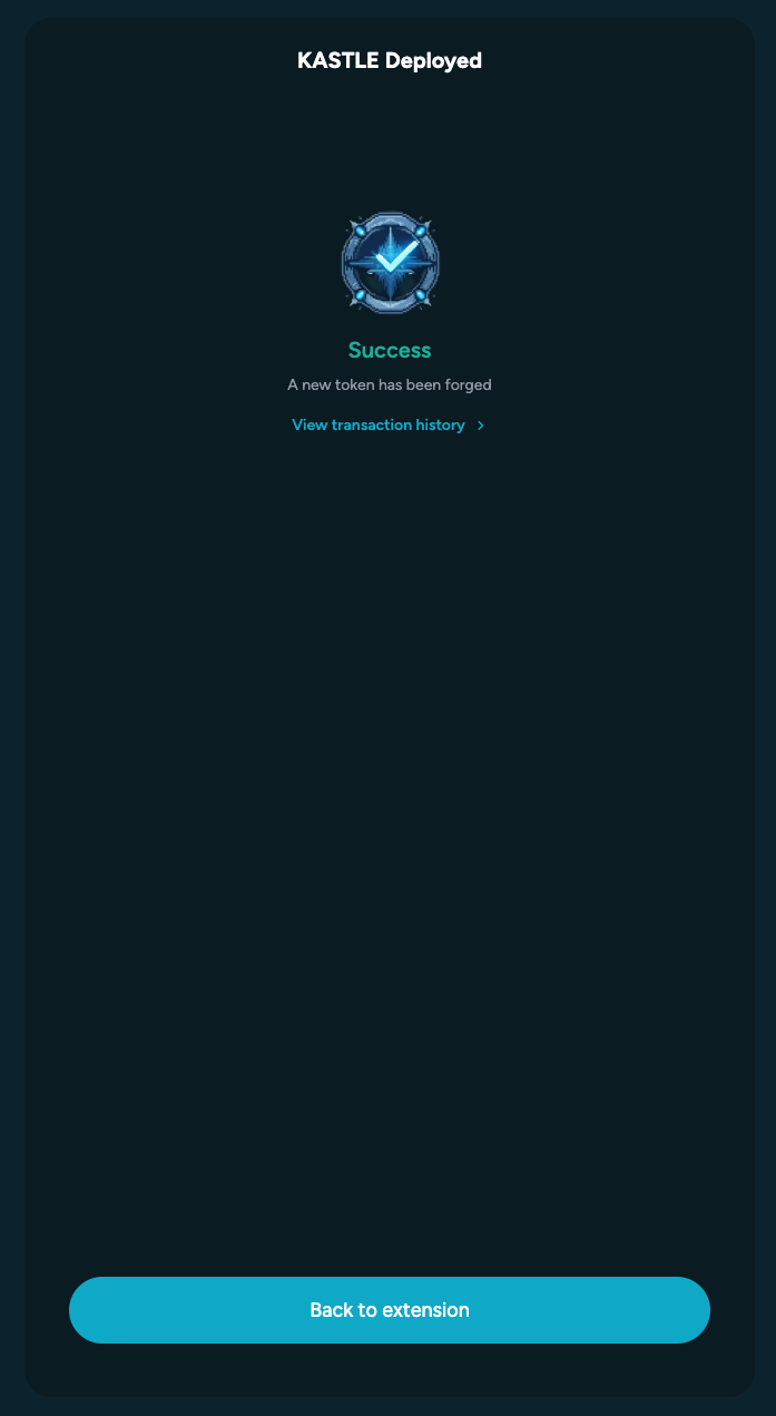 The wallet assets view shows the newly deployed KRC20 token listed under Assets. The user can open token details.
